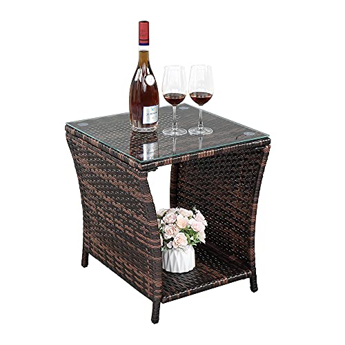 HomVent Patio Wicker Rattan Side Table, Outdoor Square Tempered Glass Top Rattan Coffee Table End Table Furniture with Storage for Patio Courtyard Balcony (Black)