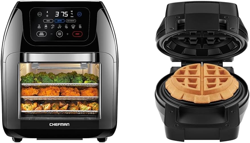 CHEFMAN Multifunctional Digital Air Fryer+ Rotisserie, Dehydrator & Big Stuff, Belgian Deep Stuffed Waffle Maker, Mess-Free Moat