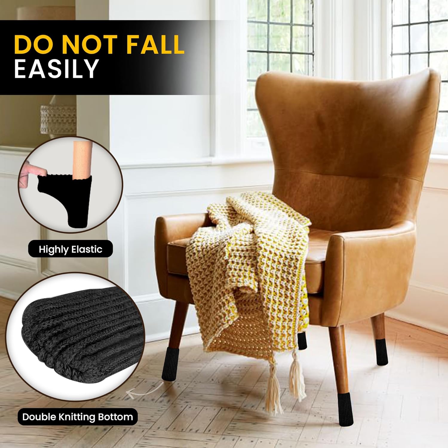 48 Pcs Black Premium Chair Leg Socks Protectors for Hardwood Floors - Do not Easily Fall Off - Very Easy to Put on - Fits All Leg Shapes - High Elastic Bar Stool Leg Covers - Furniture Pads…