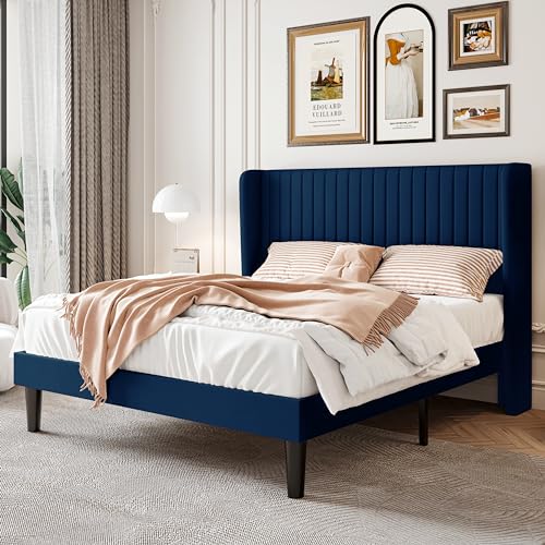 SHA CERLIN King Size Velvet Bed Frame with Vertical Channel Tufted Wingback Headboard, Upholstered Platform Bed with Wood Slats, No Box Spring Needed, Easy Assembly, Teal