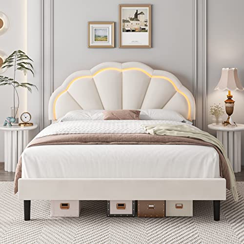 HIFIT Queen Upholstered Smart LED Bed Frame with Adjustable Elegant Flowers Headboard, Platform Bed Frame Queen Size with Wooden Slats Support, No Box Spring Needed, Easy Assembly, Grey