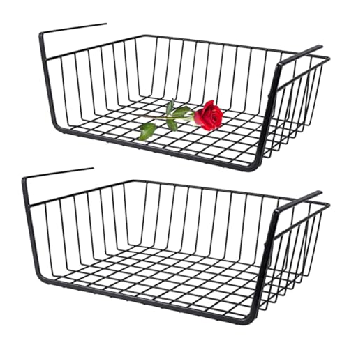 2 Piece Under Shelf Hanging Storage Basket,Under Cabinet Additional Storage Rack,Slide-in Basket Organizer,Home Metal Storage Basket for Kitchen Refrigerator Food Cabinet Desk Bookshelf (Black)