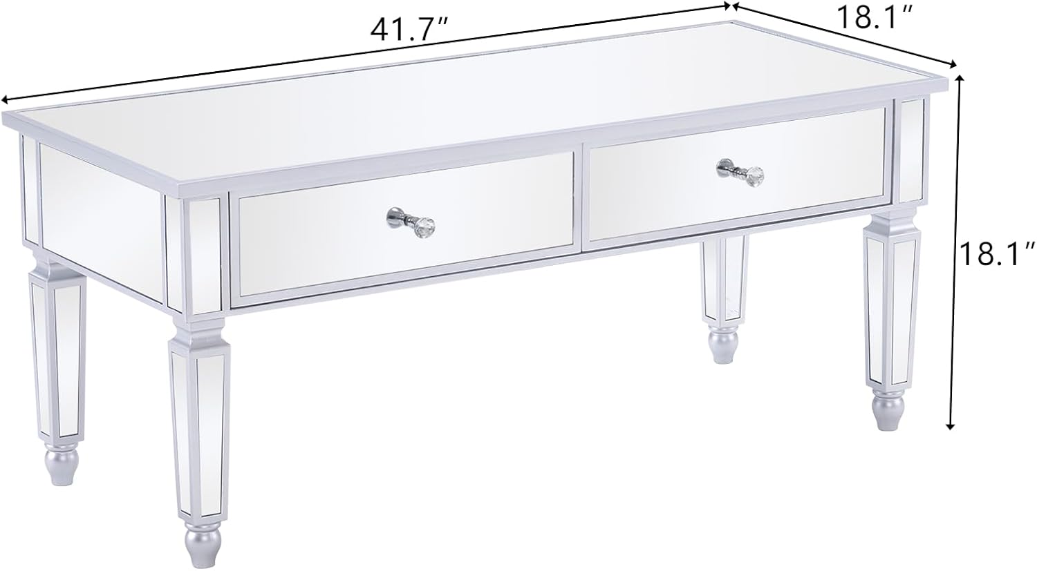 Mirrored Coffee Table with LED Lights and 2 Drawers, Rectangle Modern Cocktail Table for Living Room Office, Silver