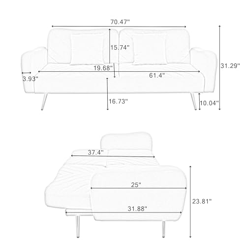 70“ Futon Bed with Mattress Included,Futon Couch Sofa Bed w/ Split Backrest and 2 Throw Pillows,Convertible Loveseat Sleeper w/ Gold Metal Legs and Arms for Living Room Bedroom Small Space (Pink)