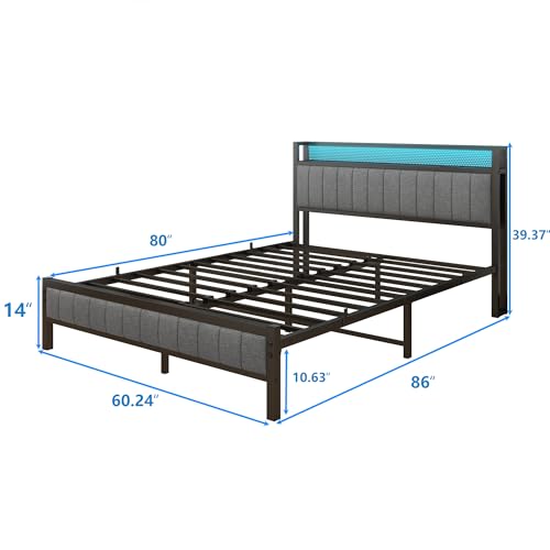 Queen Bed Frame with Storage Headboard and Footboard, Metal Platform Upholstered Bed Frame Queen Size with Charging Station, USB Ports and RGB LED Lights, No Box Spring Needed, Gray Queen Bed
