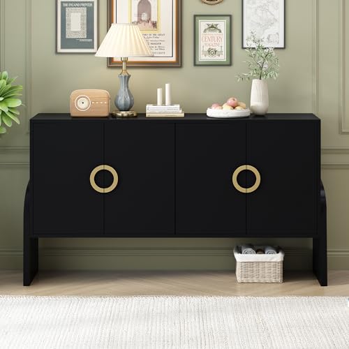 Retro Four-Door Round Metal Handle Storage Cabinet,Wood Sideboard with Adjustable Shelf for Study,Living Room,Bedroom,Easy Assembly (Black)