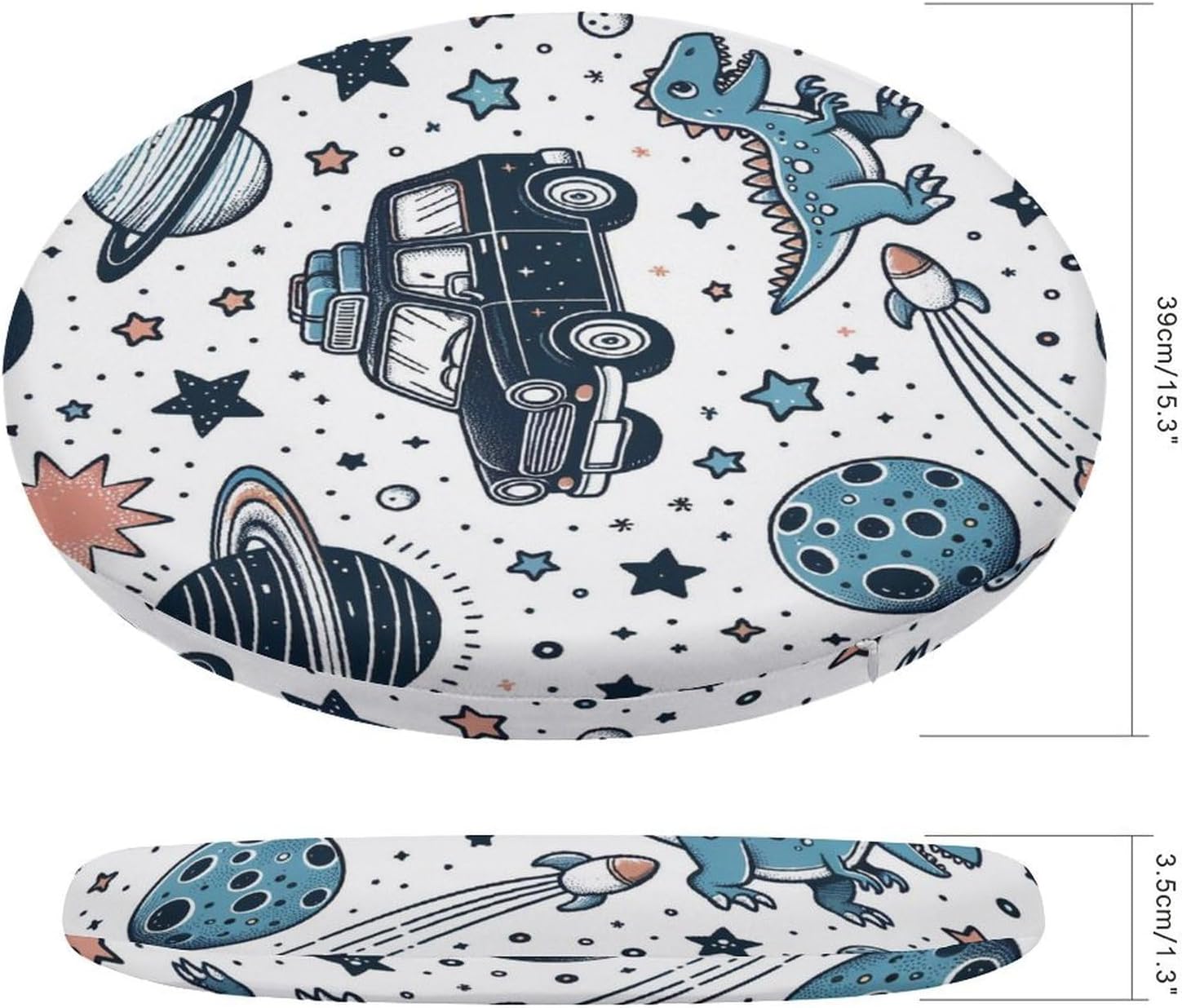 Round Seat Cushion Dinosaurs Car Space Traveling Soft Memory Foam Chair Pads Non Slip Removable Washable Zipper Chair Cushions for Office Kitchen Dining Room Tatami 15.35in