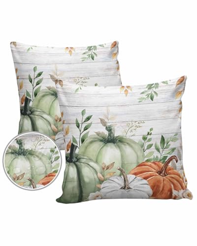 Outdoor Pillow Covers Waterproof, Green Orange White Pumpkins Throw Pillowcase Decorative Cover, Thanksgiving Leaves Wooden Garden Cushion Case Set of 2 for Sofa, Couch, Tent, Patio, 18