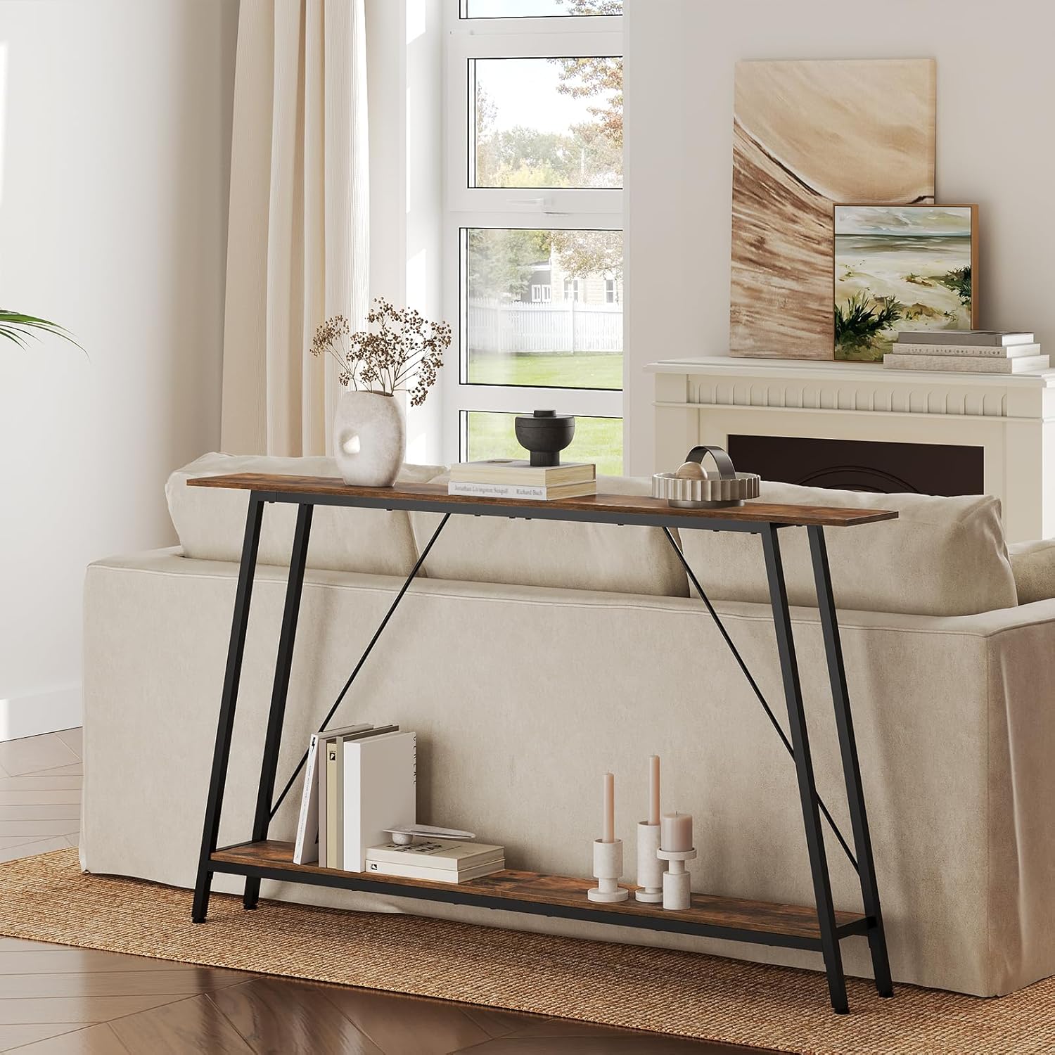 Console Table, Narrow Long Entryway Table, Industrial Skinny Sofa Tables, 2-Layer Hallway Table for Entryway, Display Table Behind Couch, Rustic Brown and Black CT20BR-CT14BR