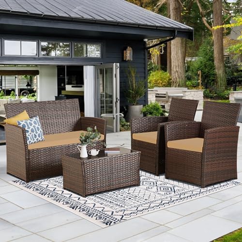 7 Pieces Patio Furniture Set,Wicker Outdoor Conversation Set,Rattan Sectional Sofa Set w/Washable Cushions & Glass Coffee Table for Porch Poolside Backyard-Gray/Gray