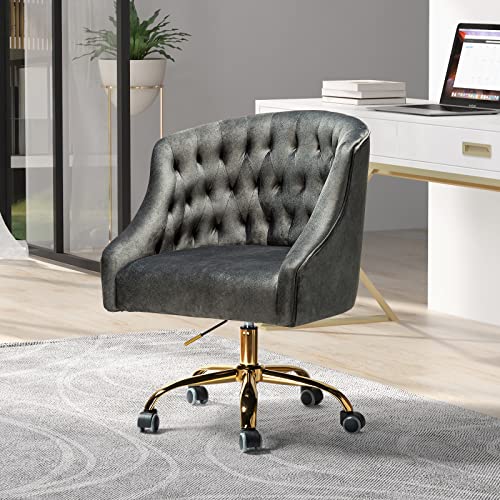 Velvet Home Office Chair with Gold Base, Comfy Modern Cute Desk Chair, Adjustable Swivel Task Chair for Study Living Room Bedroom Vanity, Purple