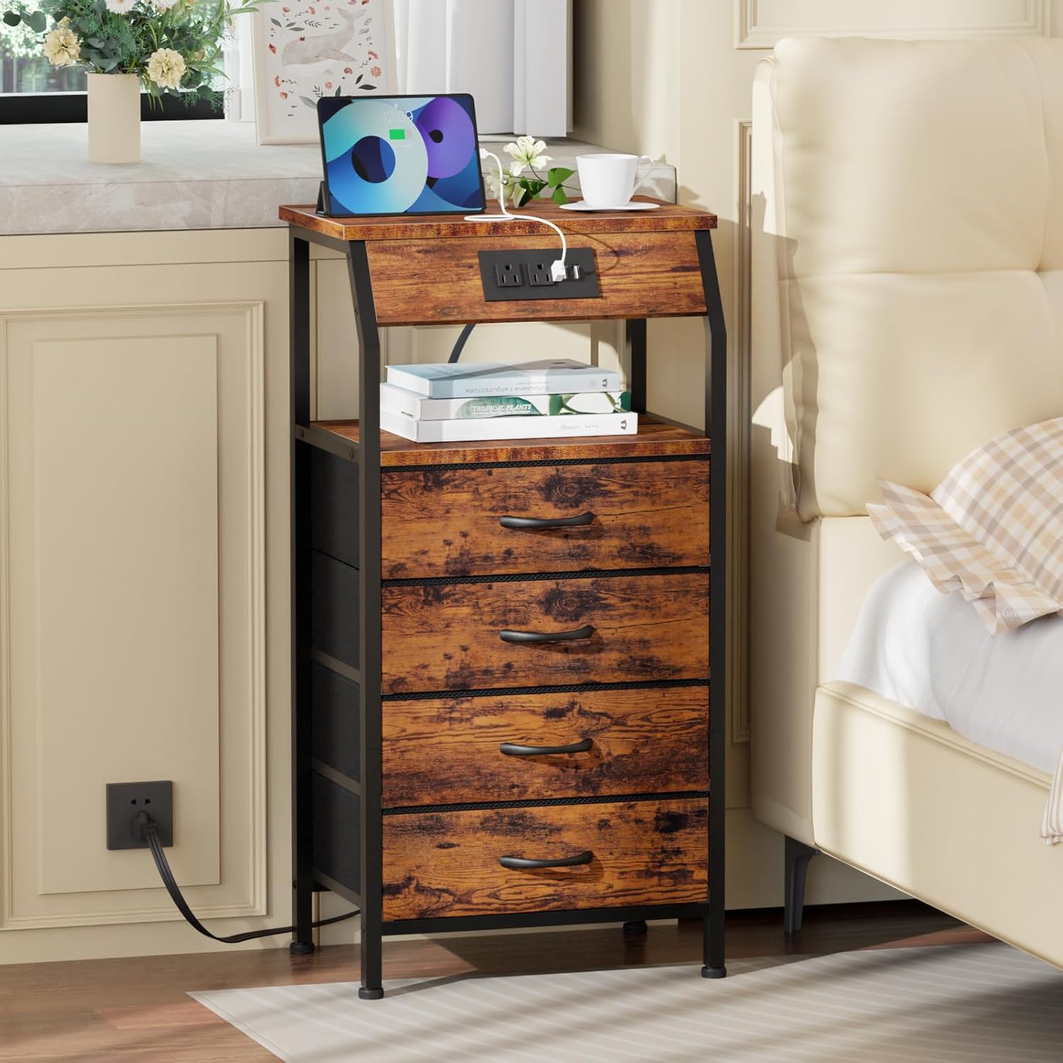 Furnulem Nightstands Set of 2, Rustic Brown Nightstand + White Night Stand with Charging Station