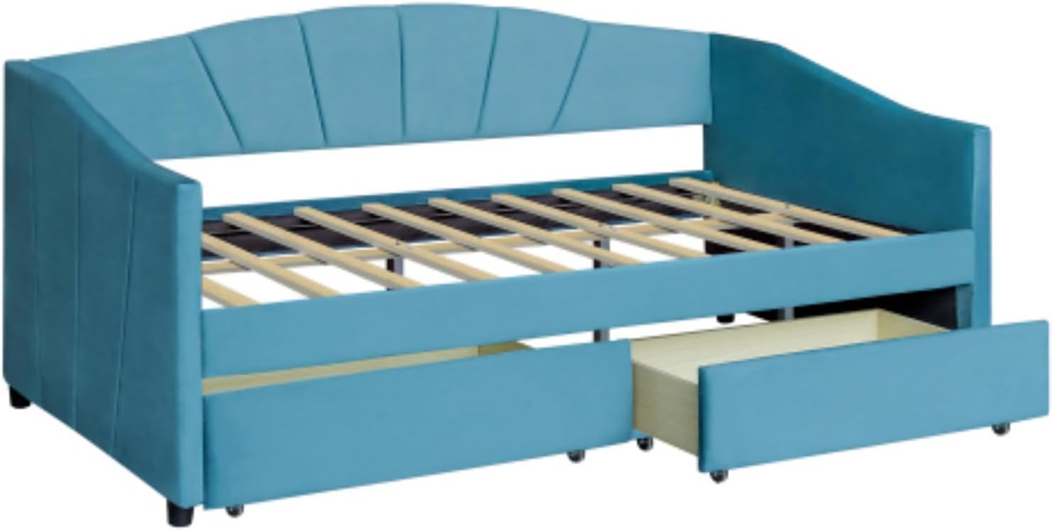 Modern minimalist, full size double upholstered sofa bed with two drawers and wooden slats, blue