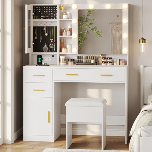 Vanity Desk with Storage Stool, Makeup Vanity with Lighted Mirror & Jewelry Storage, Vanity Table Set with Drawers & Charging Station, Makeup Desk with Shelves & Cabinets for Bedroom, Black
