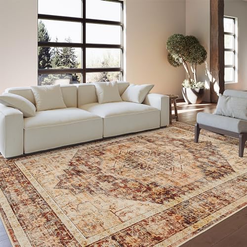 Art&Tuft Washable Rug 5x7, Area Rugs for Living Room, Anti Slip Low Pile Rug Floor Carpet, Vintage Tribal Stain Resistant 5x7 Rugs for Bedroom, Dining Room, Kitchen, Brown