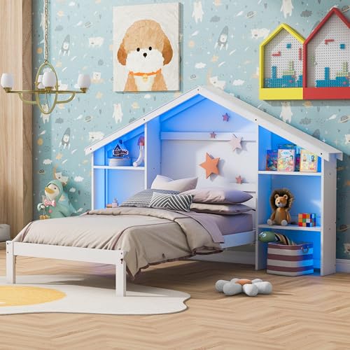 Merax Wood Twin Size Platform Bed with House-Shaped Storage Headboard and Built-in LED, Pink