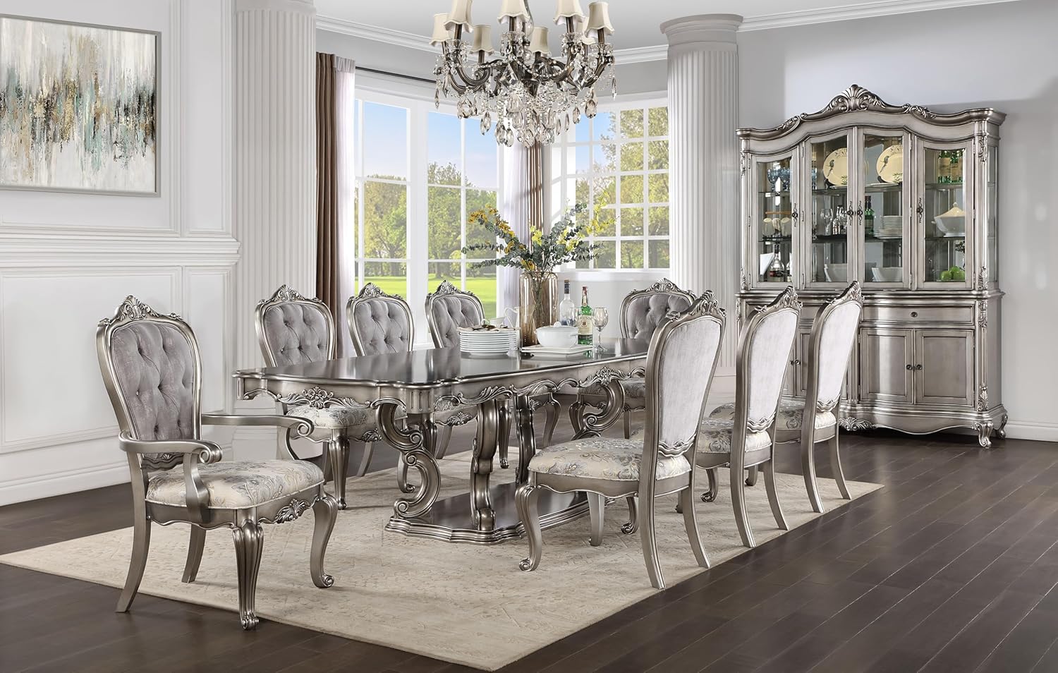 Acme Ariadne Wooden Dining Table with Pedestal in Antique Platinum Silver