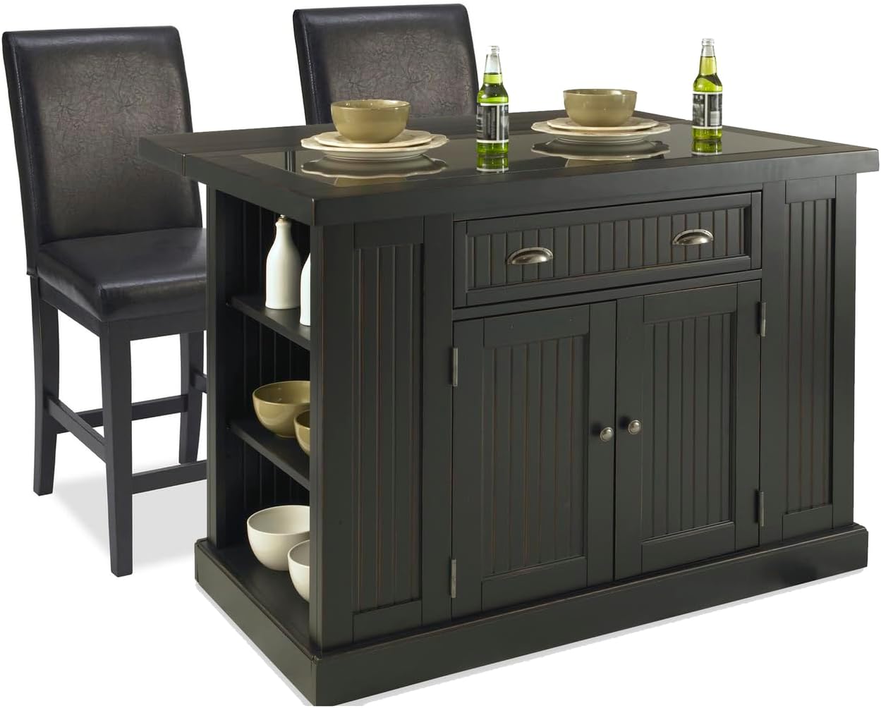 Home Styles Nantucket Black Kitchen Island with Stools, Black Granite Top, Single Drawer, Two Wood Panel Doors, Adjustable Shelves, Side Open Storage, and Drop-leaf