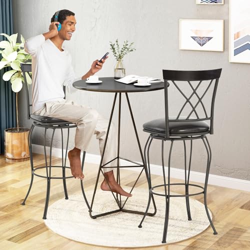 FurnitureR 29 Inch Counter Height Bar Stools Set of 2, 360 Degree Swivel Bar Stools with Backs, Faux Leather Upholstery Metal Counter Stools for Kitchen Island,Black 2pcs