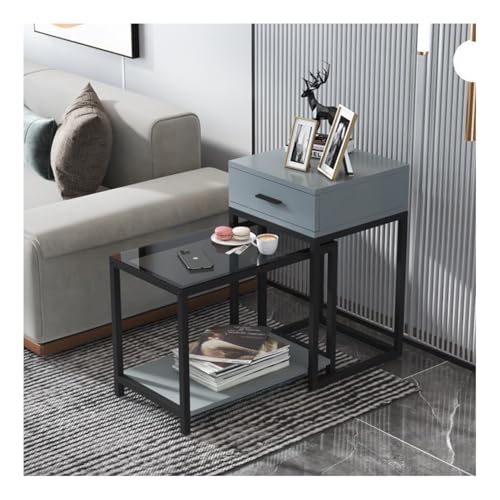 Small Tempered Glass Nesting Table Set of 2, Nesting Coffee Tables Marble for Living Room, High Gloss Nest of 2 Nested Tables Sofa Side Table Coffee Table End Tables Square Space Saving
