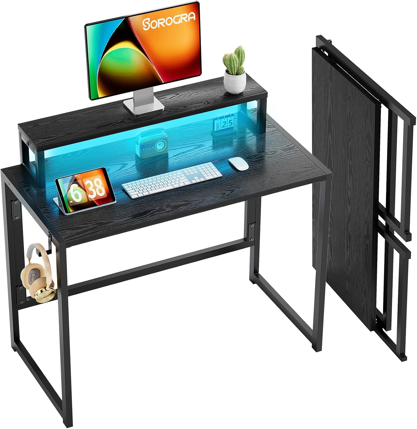 Coavas 31.5 inch Folding Desk No Assembly Required, SOROGRA Folding Desk Small Foldable Desk 31.5 inch with Led Lights