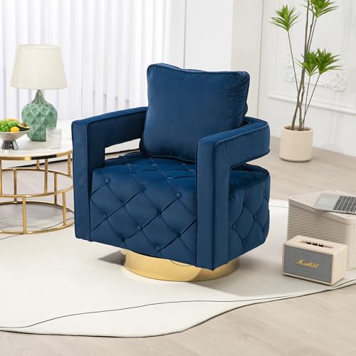 Swivel Accent Chair - Modern Accent Chair with Pillow, Velvet Armchair Side Chair with Tufted Button for Living Room, Bedroom, Office(Navy)