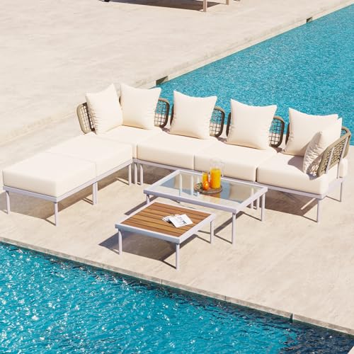 Stylish 8-Piece Patio Sectional Sofa Set with Tempered Glass Coffee Table and Wooden Coffee Table,for Porch Lawn Garden Backyard Oasis Garden Poolside (Light Grey@2Table)