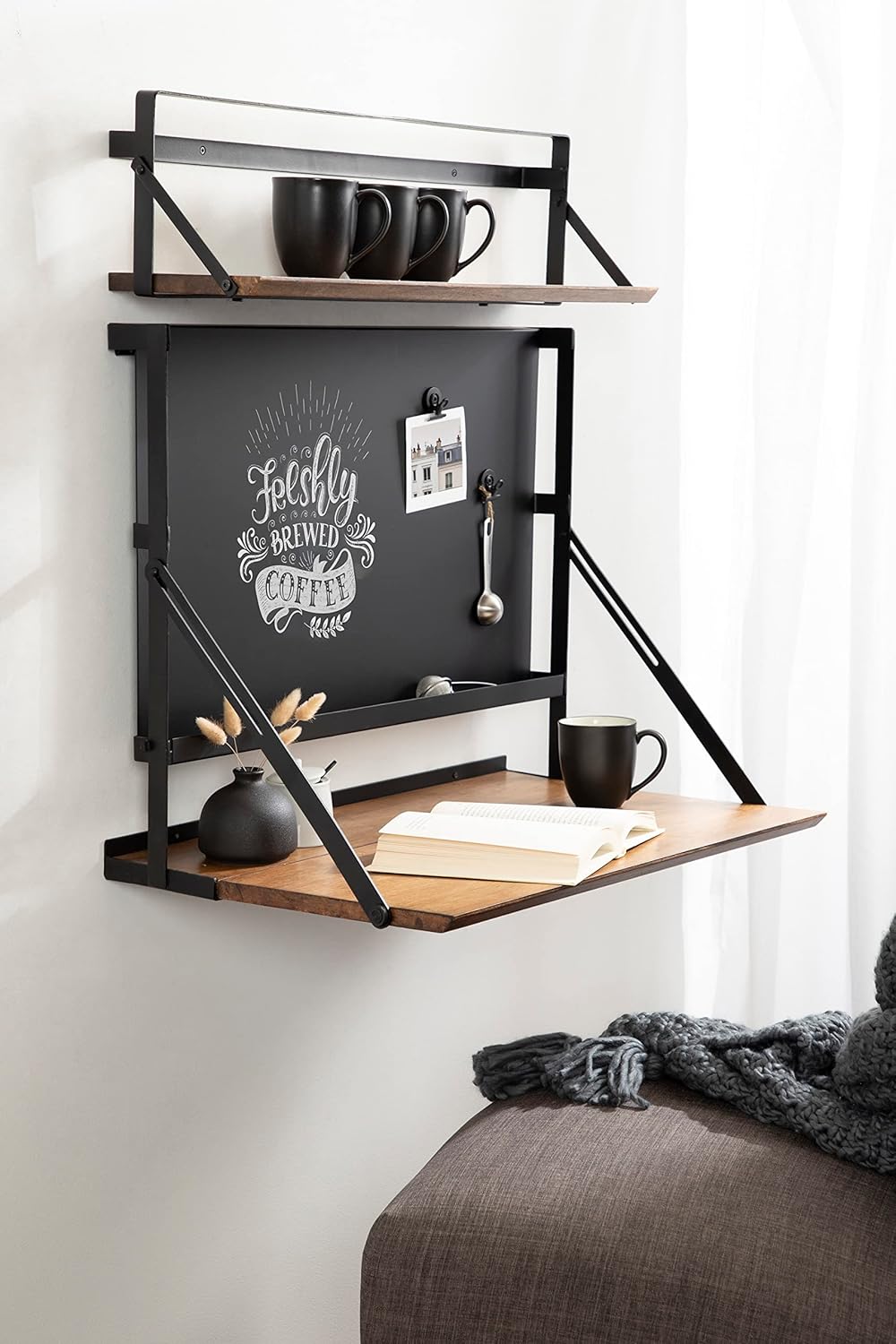 Kate and Laurel McAllister Modern Functional Floating Desk with Versatile Folding Shelf and Magnetic Chalkboard for Home Office or Homework Station, 27x18x30, Rustic Brown/Black