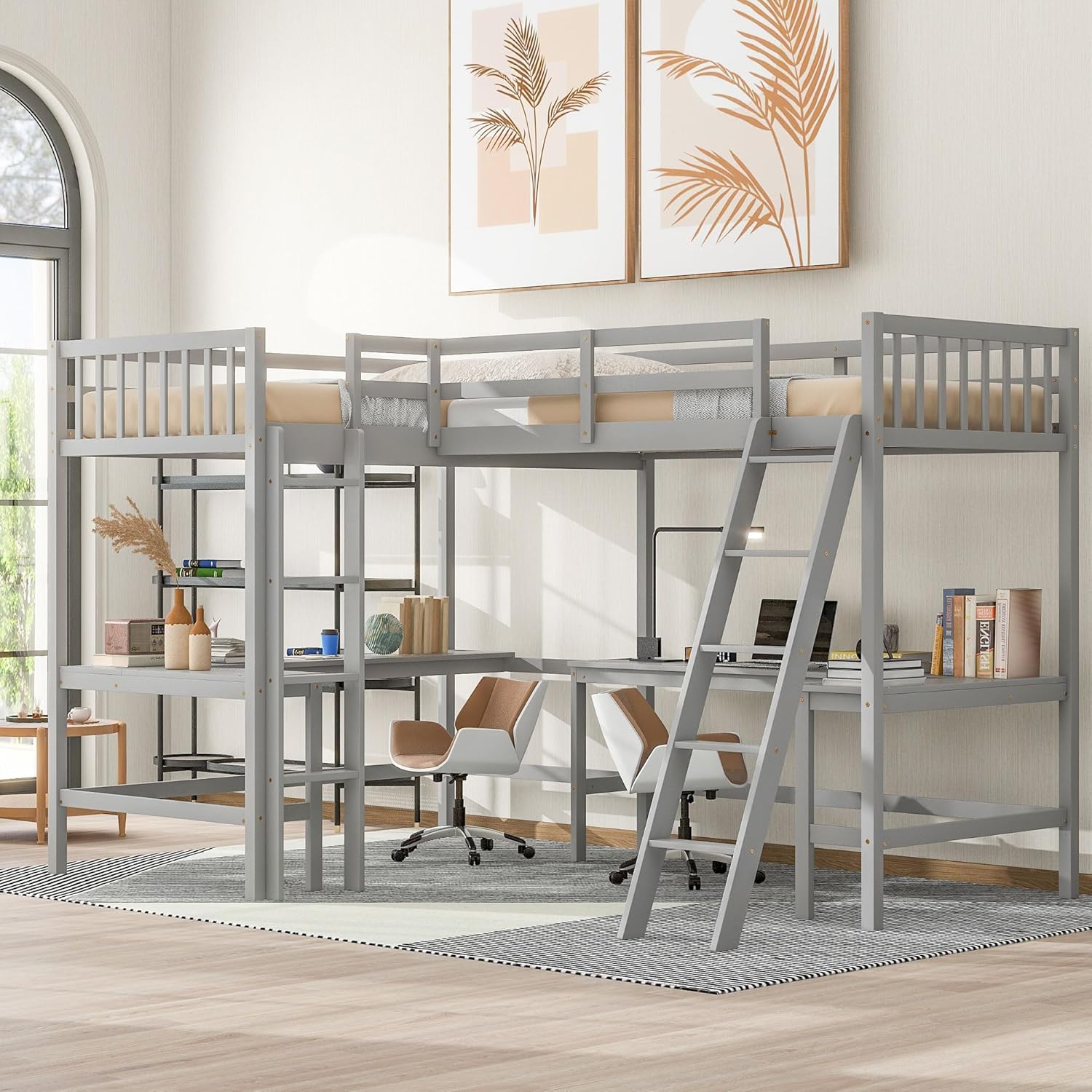 L-Shaped Loft Bed with Two Ladder and 2 Built-in L-Shaped Desks,Wood Twin Size Corner Loft Bed Frame with Full-Length Guardrails,2 Beds in 1 Design,No Box Spring Required,Gray