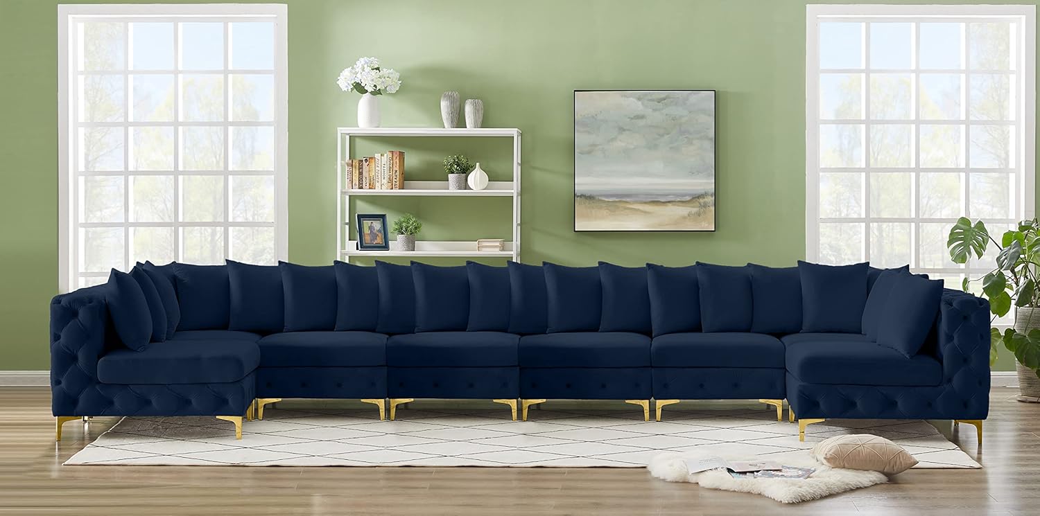 Meridian Furniture Tremblay Collection Modern | Contemporary Velvet Upholstered Modular Sectional, 8 Piece, Navy