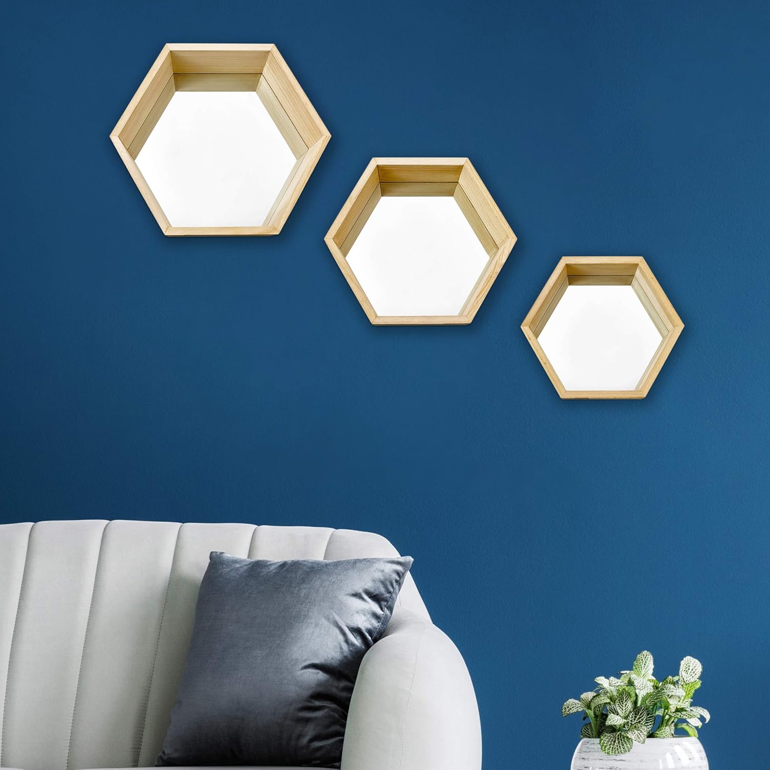 PARNOO Wall Mirror Set of 3 Hexagonal Wood Frame Mirrors | Wall Mounted Mirrors | Geometric Mirror Set for Wall Décor