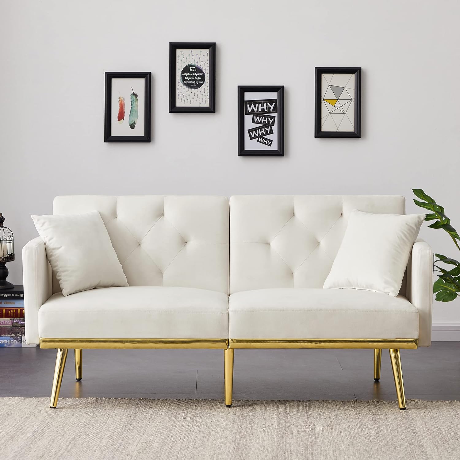 Velvet Convertible Futon Sofa Bed Upholstered Sofá Golden Metal Legs, Loveseat Couch Sleeper 2 Seating w/Adjustable Backrest for Home Living Room Bedroom Apartment and Dorm, White Side Pocket