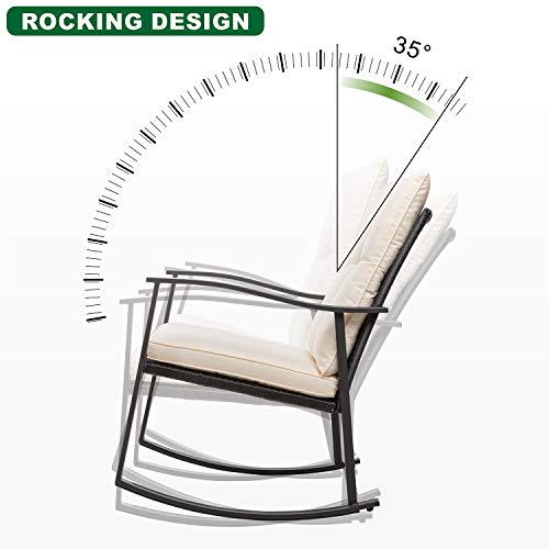 Shintenchi 3 Piece Rocking Bistro Set, Outdoor Furniture with Rocker Chairs and Glass coffee table set of 3, Balcony, Porch Furniture for Small Space, Light Gray