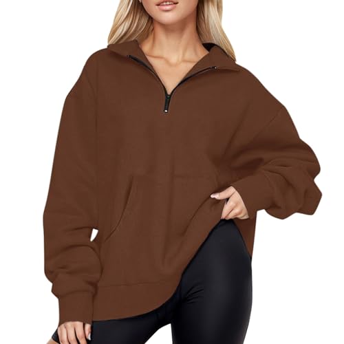 Quarter Zip Pullover Women Fleece Fall Long Sleeve Lapel Collar Oversized Sweatshirt Drop Shoulder Winter Shirt Winter