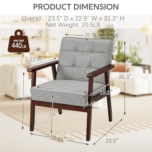 Mid Century Accent Chair,Single Linen Upholstered Armchair with Solid Wood Frame,Wooden Side Chair Retro Lounge Sofa Leisure Chair for Living Room, Bedroom,Set of 2