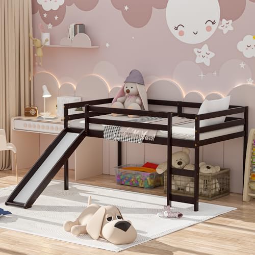 KOMFOTT Twin Loft Bed with Desk & Storage Shelves, Wood Loft Bed Frame for Kids Teens with Bookcase, Ladder, Guardrail, No Box Spring Needed, Space-Saving Loft Bed for Dorm, Apartment