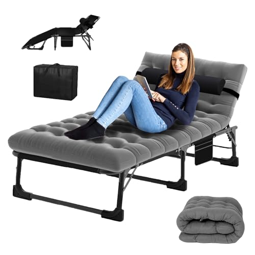Lounge Chair,5-Position Outdoor Lounge Chair,Folding Chaise with Mattress,Folding Camping Cot with Carrying Bag,Sleeping Cots for Adults, Heavy Duty Lounges Chairs for Outside, Beach, Lawn