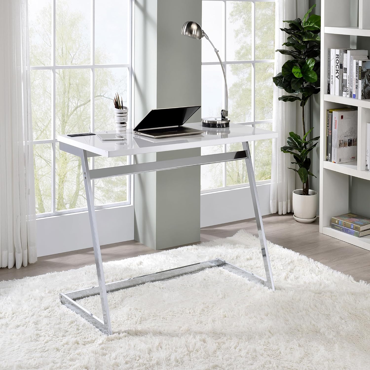 24/7 Shop at Home Andree Industrial Metal Writing Desk with USB Port, Power Outlet for Workstation, Home Office, Study Room, Gloss White and Chrome