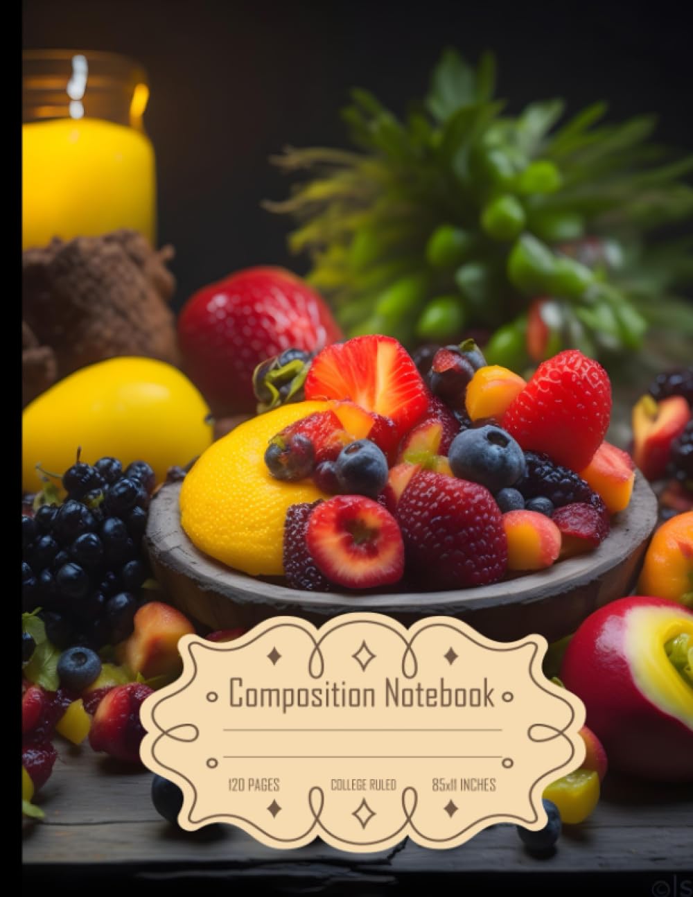 Composition Notebook College Ruled: Gastronomic Photo 50mm of Delicious Fruit, Colored Lights Background, Wooden Table, Size 8.5x11 Inches, 120 Pages