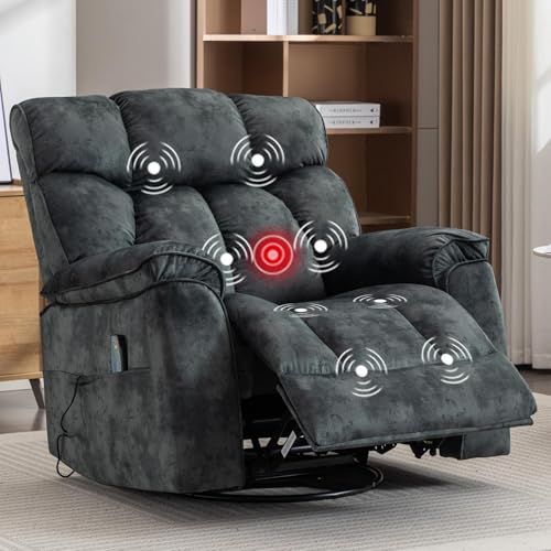 Massage Rocker Recliner with Heat and Vibration, 360 Degree Swivel Manual Recliner, Soft Padded Headrest and Armrest, Overstuffed Reclining Single Sofa for Living Room Furniture, Grey