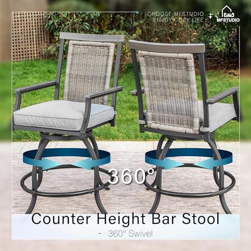 MFSTDUIO Outdoor Bar Set of 3 with 2 Swivel Rattan Backrest Metal Patio Bar Stool and 1 Square Metal Table, All Weather Resistant Patio Table and Chair Set