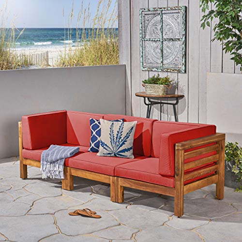 GDFStudio Outdoor Sectional Sofa Set - 3-Seater - Acacia Wood - Outdoor Cushions - Teak and Red