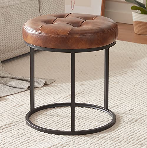 DUHOME Faux Leather Ottoman Stool, Vanity Chair Button Tufted Footrest Stool Makeup Stool with Metal Base for Living Room Bedroom, Dark Brown