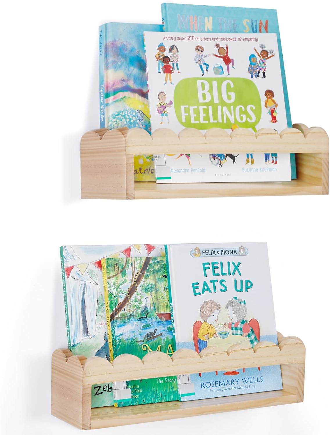 Scalloped Floating Nursery Bookshelves for Wall,Set of 2 Natural Wood Wall Bookshelf for Kids Rooms,Preassembled Baby Bookshelf,Hanging Storage Shelves