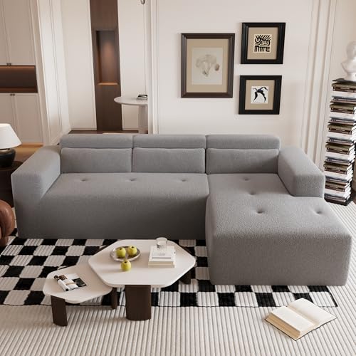 109'' Modern Modular Sectional Sofa, Teddy Fabric L Shaped Couch, 3 Seat Corner Sofa Couch, Modern Upholstered Couch with Chaise & Pillows for Living Room Apartment, Assembly-Free, Grey