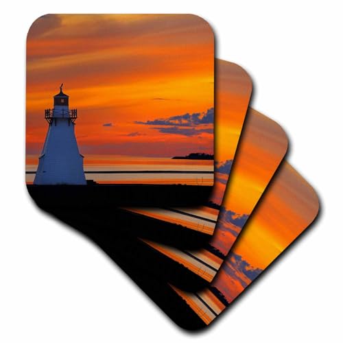 Set of 8 Ceramic Tile Coasters - Canada, Prince Edward Island, Wood Islands. Lighthouse at Sunset. Places