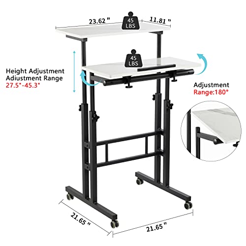 Hadulcet Adjustable Standing Desk, Mobile Standing Desk, Laptop Cart on Wheels, Rolling Computer Cart for Home Office, Rolling Table for Stand Up, Marble White