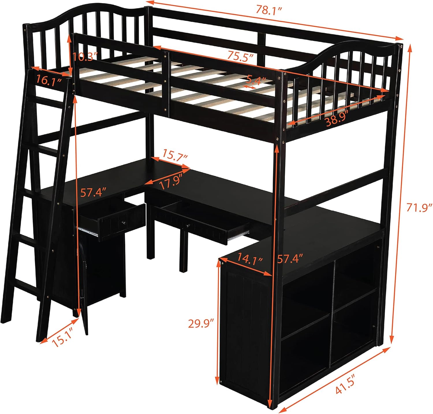 Wooden Loft Bed with 2 Drawers, 1 Cabinet, 4 Shelves, Desk and Ladder, Twin Size Loft Bed with Desk for Family, Kids, Teens, No Box Spring Needed