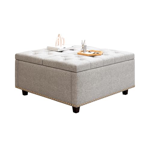 Large Square Storage Stool with Two Storage Doors, Mid-Century Modern Coffee Table, Linen Ottoman with Studded Design, Comfortable Foam Padded Seat, Footstool for Living Room, Light Gray