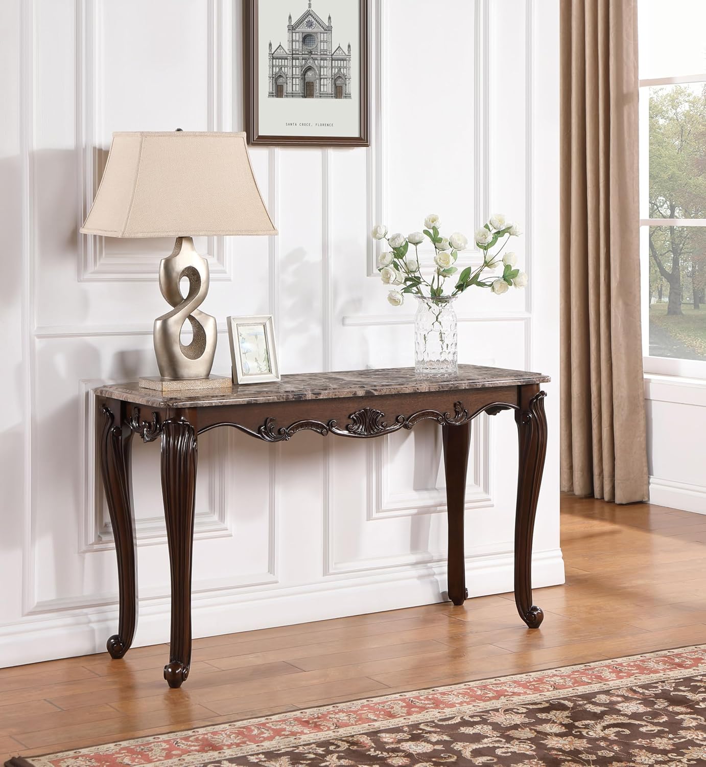 Acme Nayla Marble Rectangular Sofa Table with Floral Legs in Cherry